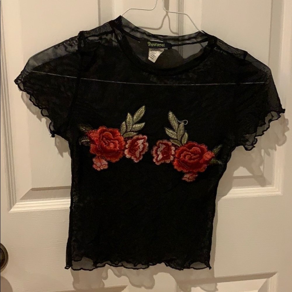 Sheer rose embroidered crop top